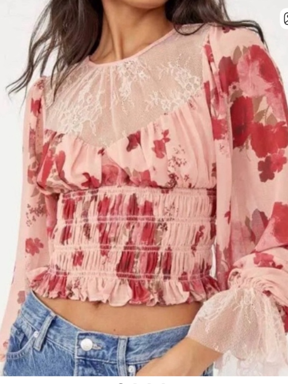 Free People Daphne Pink and Red Floral Smocked Lace Blouse
